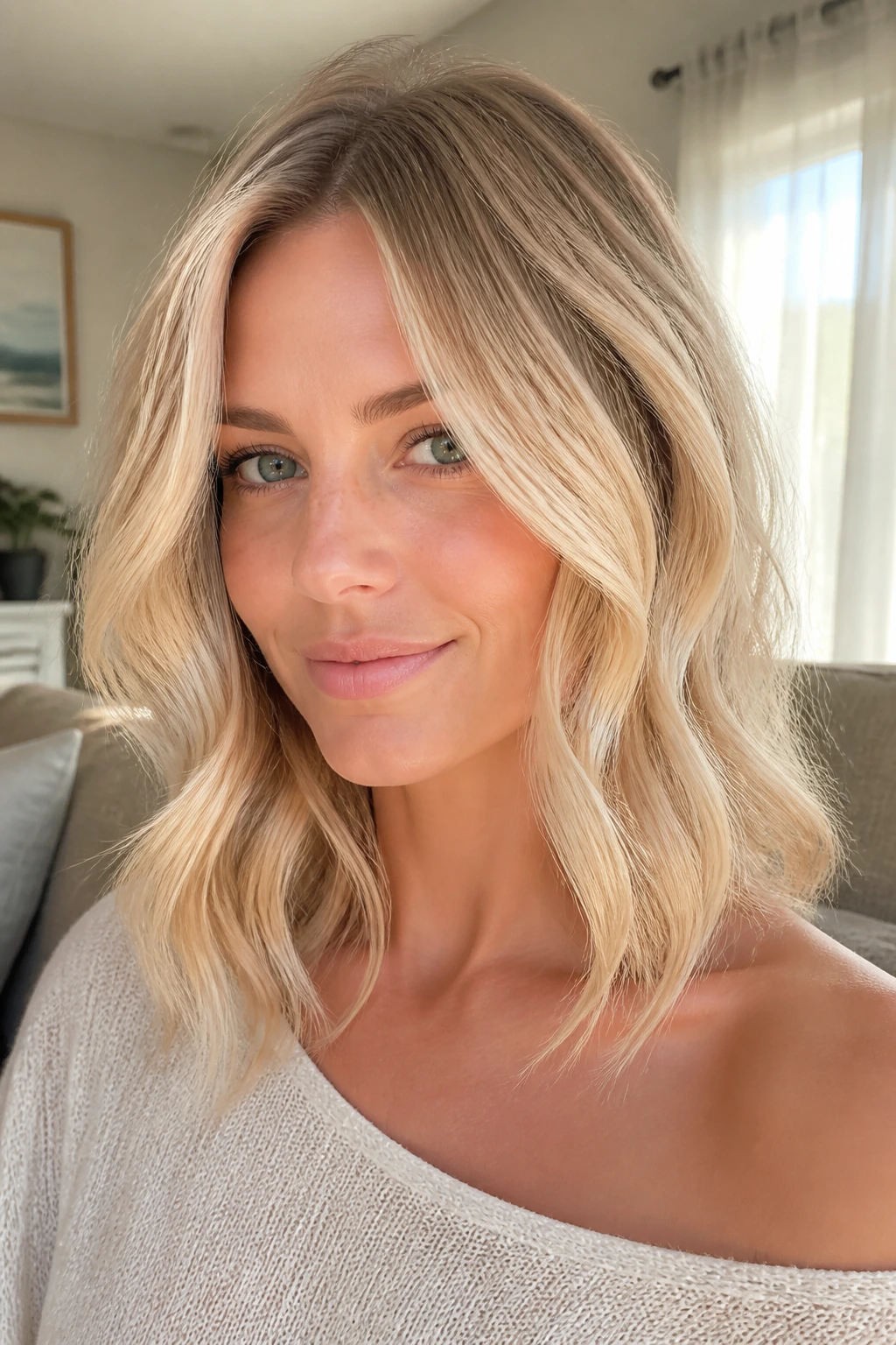 Collarbone-length waves in soft champagne finish catching light on a real person.