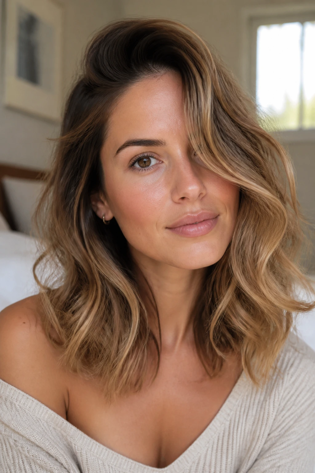Close-up of woman with collarbone-length hair, deep side part and loose waves