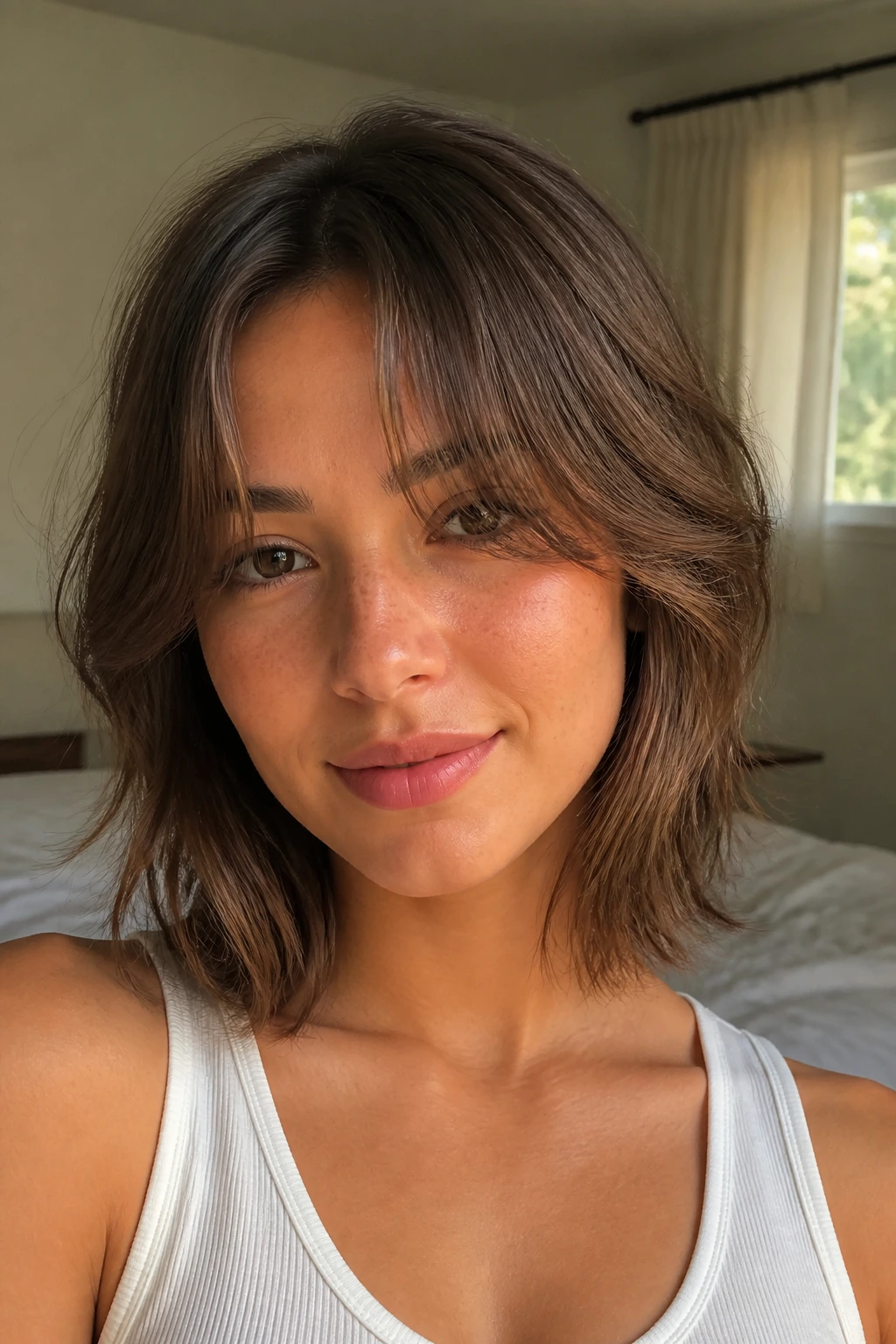 Close-up of a real woman with collarbone-length wispy hair and curtain bangs.