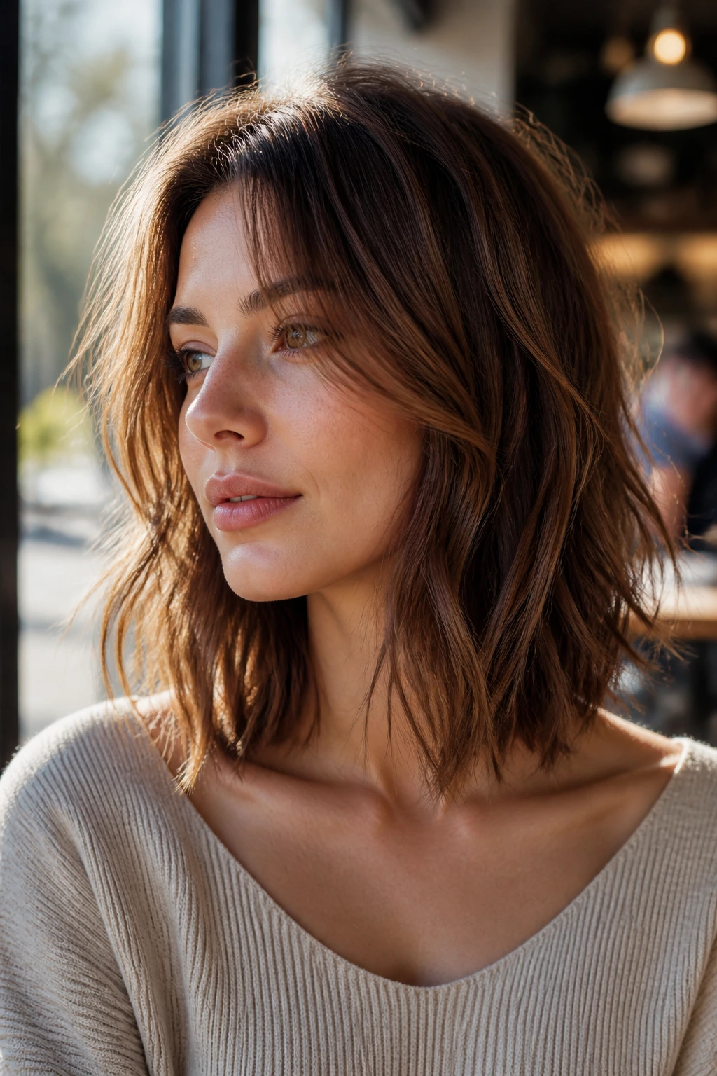 Real woman with collarbone-length wispy lob in sunlit cafe setting.