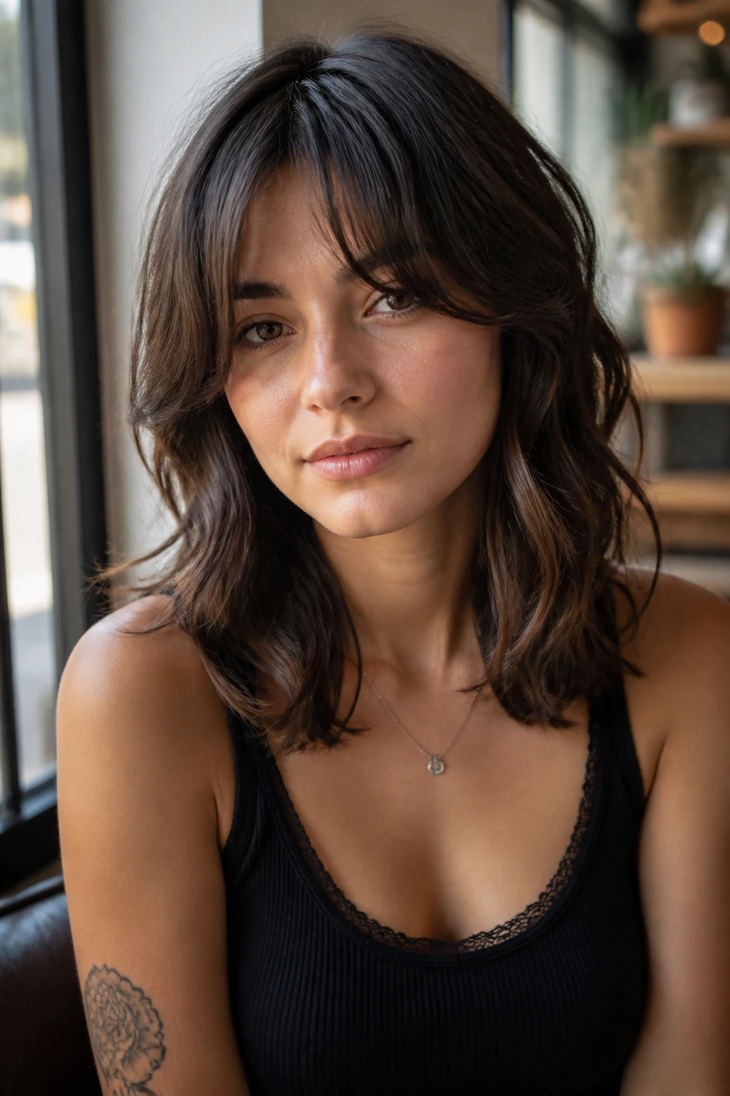 Close-up portrait of a real person with collarbone-length wavy wolf cut and curtain bangs