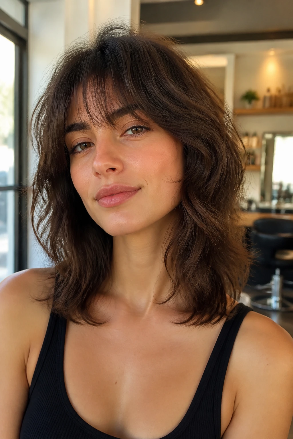 Close-up portrait of a real person with collarbone-length wolf cut and soft ends