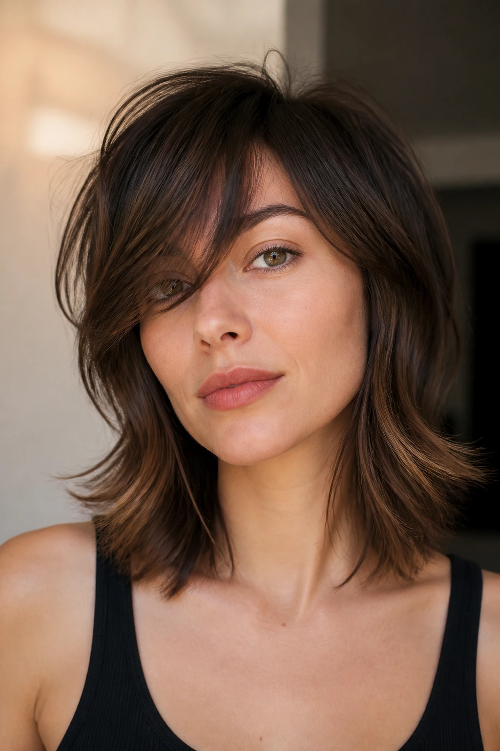 Portrait of a person with collarbone-length wolf cut and swept fringe
