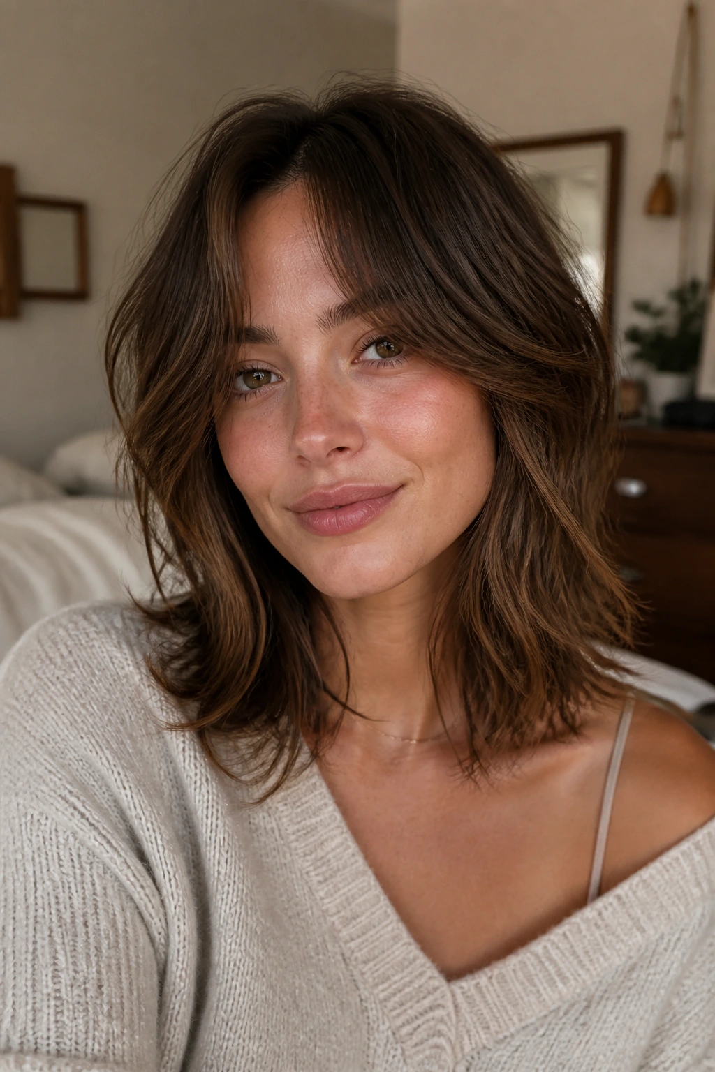 Close-up of a real woman with collarbone wolf cut and long curtain fringe, soft waves framing the face