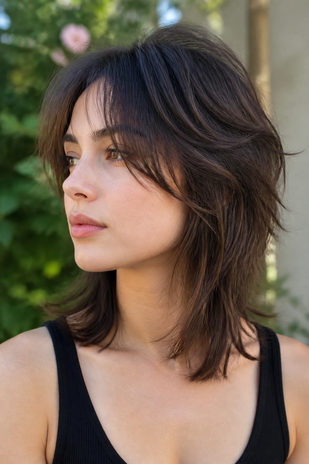 Close-up of a real person with collarbone-length wolf cut next to blossoms