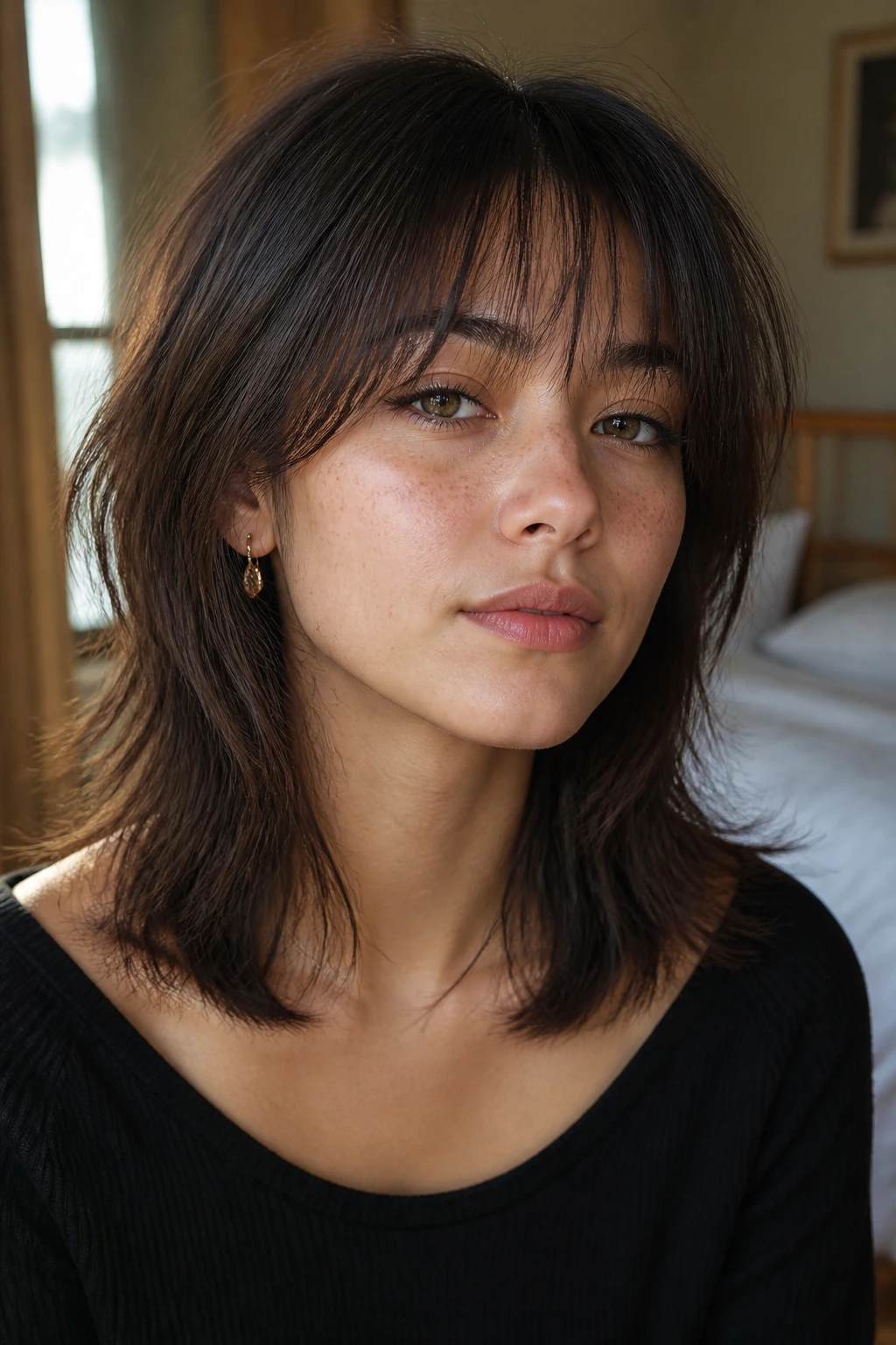 Close-up portrait of a real person with collarbone-length wolf cut and wispy fringe in a cozy morning-lit room