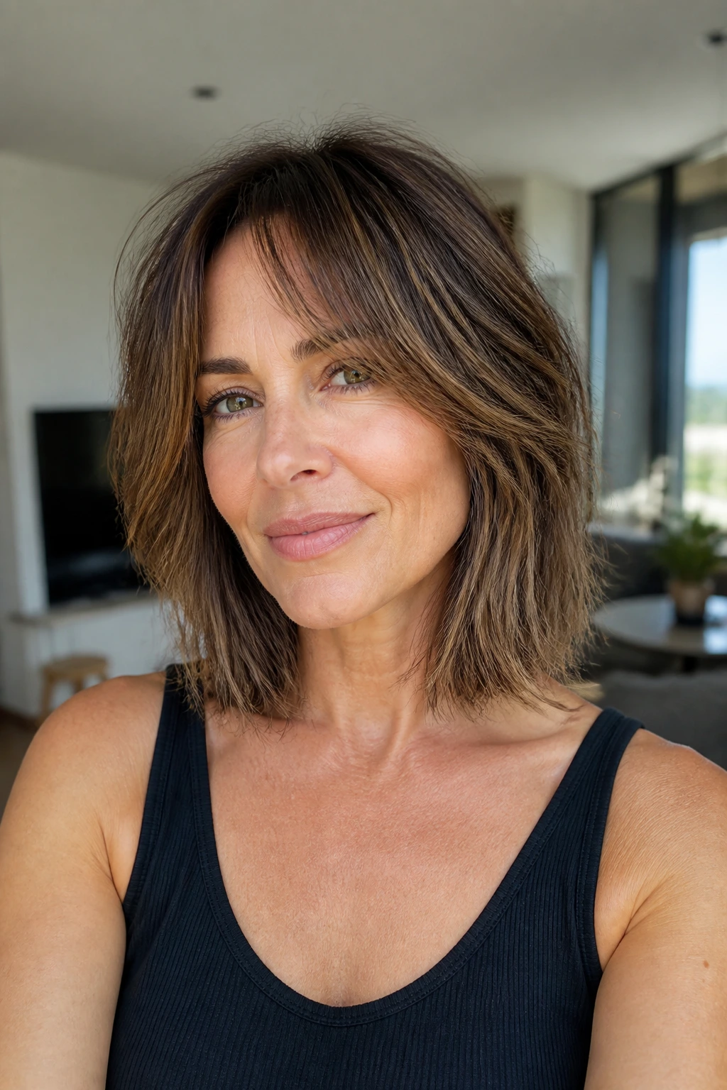 Portrait of a woman with collarbone-length wolf lob featuring blunt ends and clean bottom line