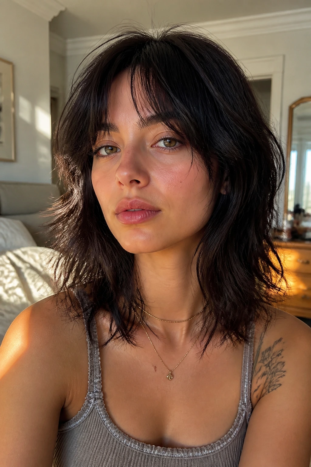 Medium close-up of a real person with collarbone-length wolf cut and broken ends.