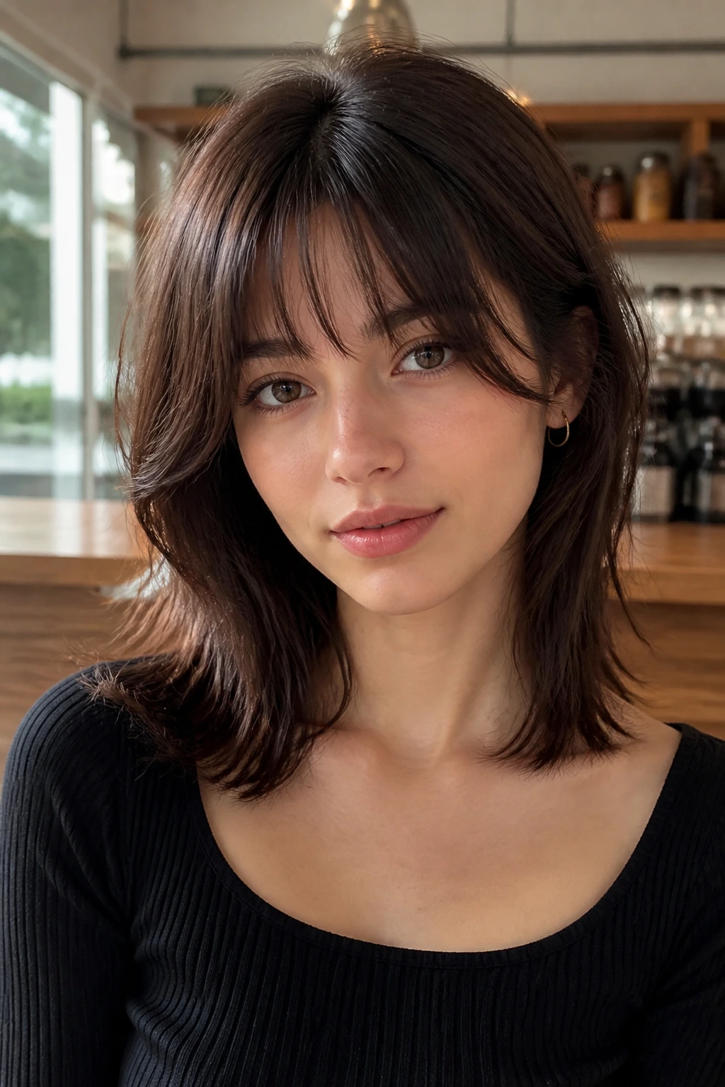 Close-up of a real person with collarbone-length wolf cut in warm cafe light