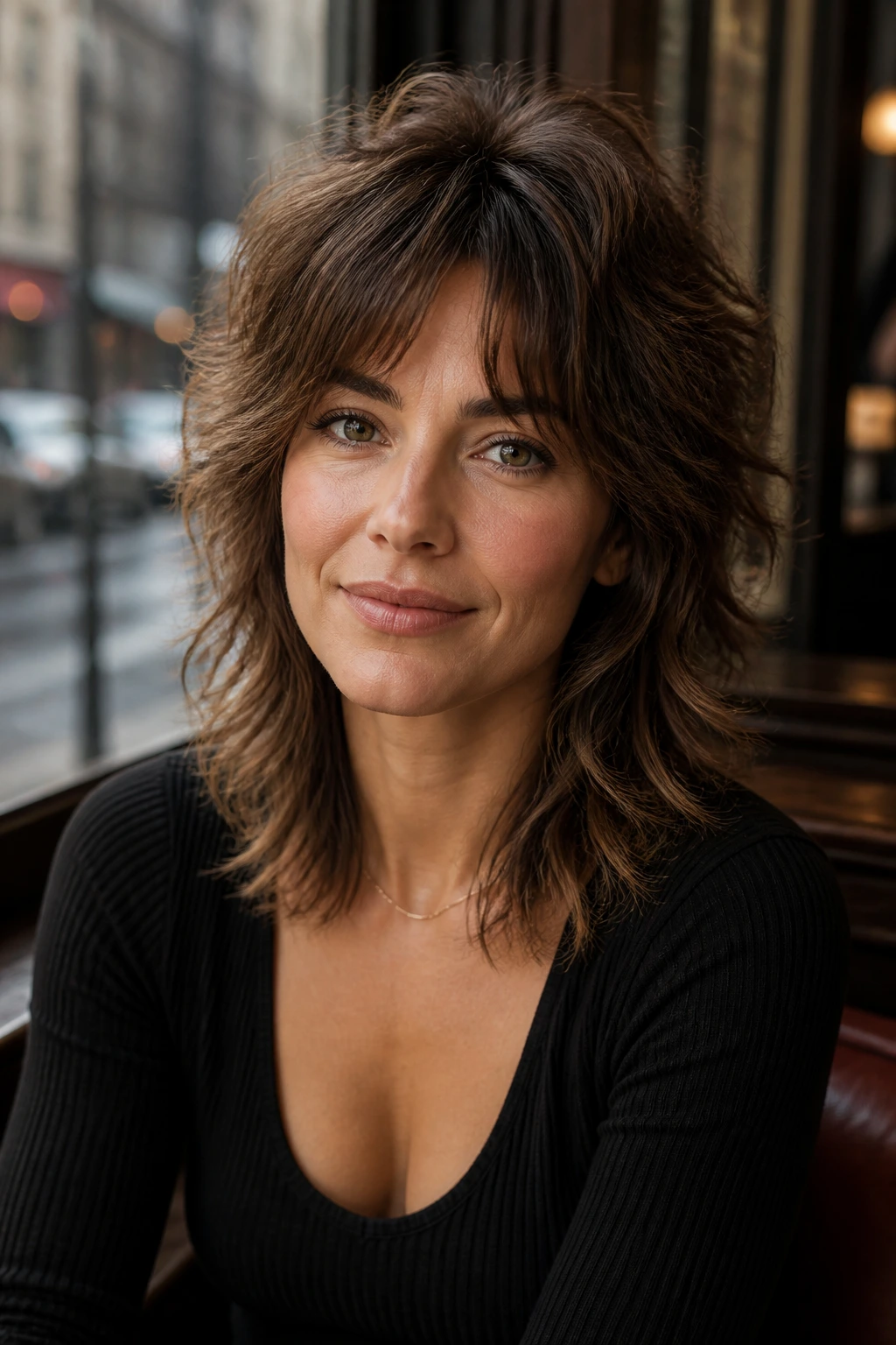 Close-up of a real woman with collarbone wolf shag in a cafe setting