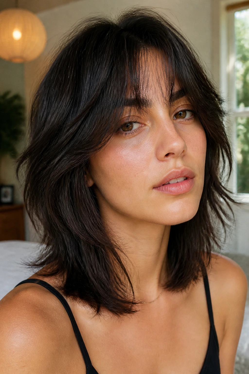 Close-up of a real person with collarbone-length wolf cut showing weight and face-framing layers