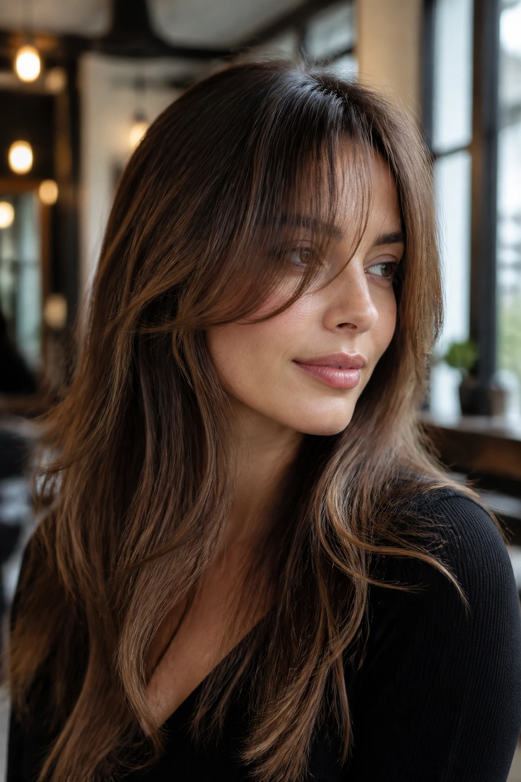 Close-up portrait of a real woman with soft face-framing bangs on long hair, showcasing movement and texture