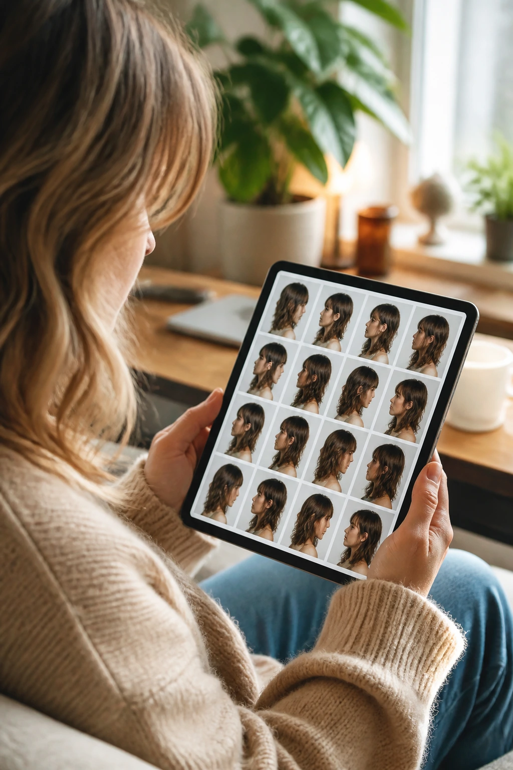 Portrait of a person holding a tablet showing hair silhouette thumbnails, emphasizing a bookmark-worthy collection