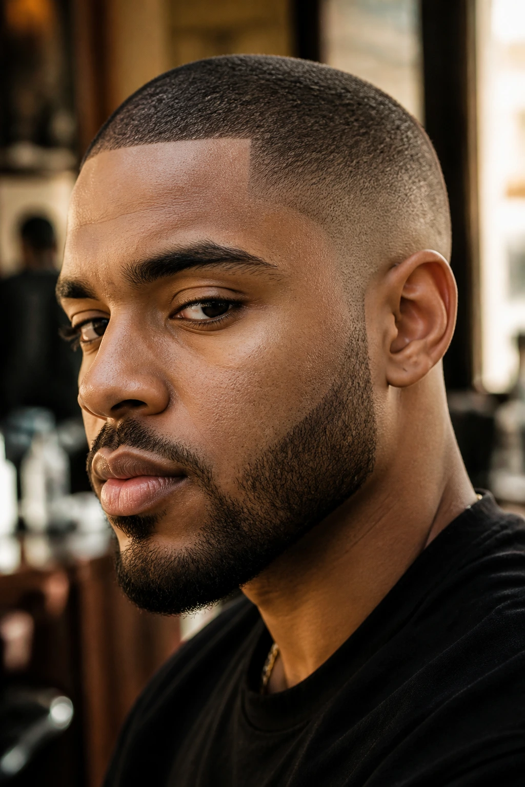 Close-up portrait of a Black man with a varied buzz cut concept in an urban barber shop