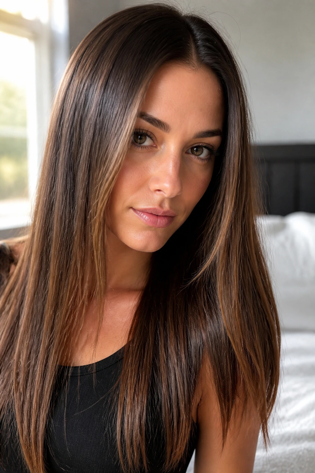 Close-up portrait of straight brunette hair with high gloss and subtle ribbon highlights