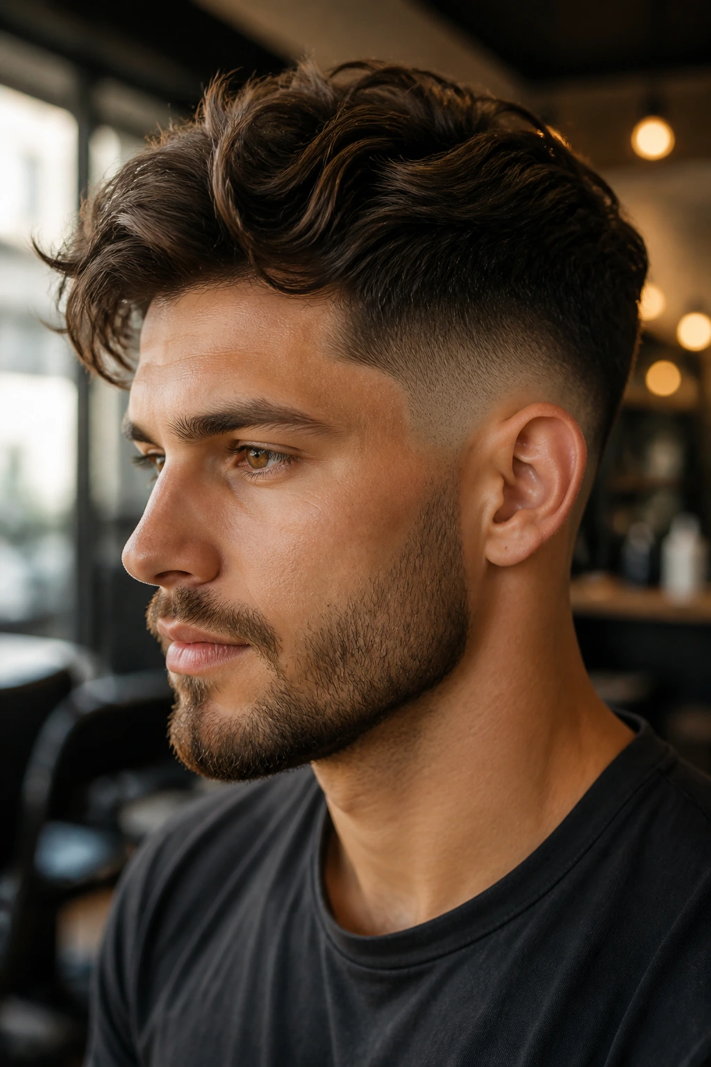 Close-up portrait of a man with medium-length hair and a versatile fade in a warm salon setting