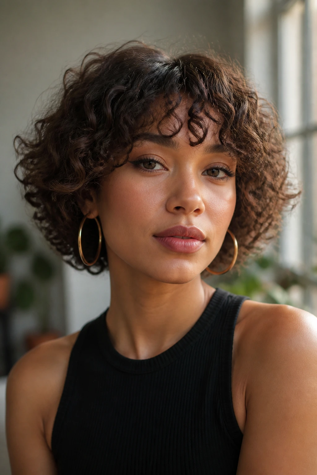 Portrait showing a bold fringe silhouette representing the collection's shape-first approach.