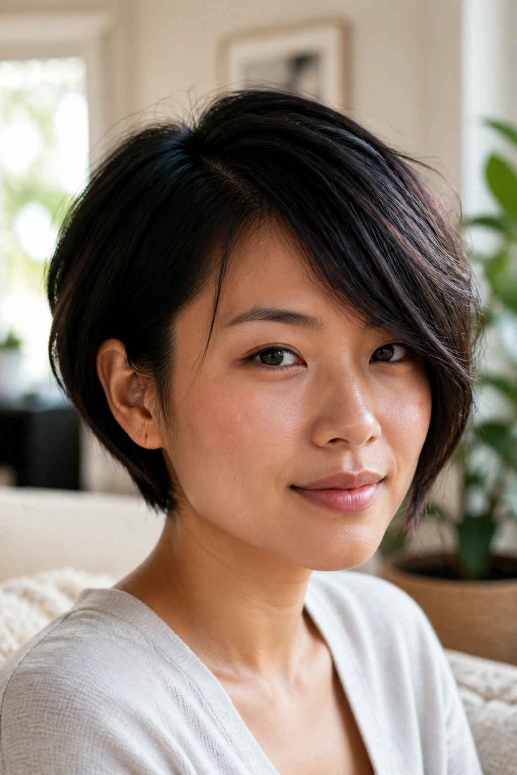 Close-up portrait of Asian woman with side-swept hair to balance crown