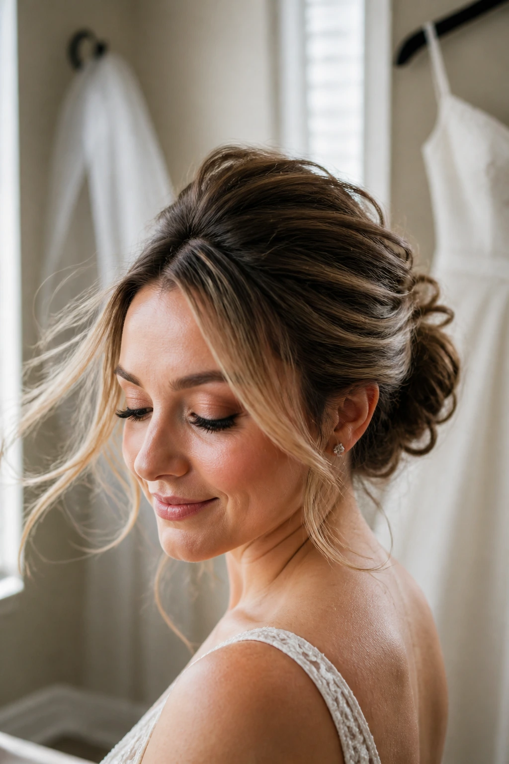 Bride portrait with movement in an elegant updo in a bridal suite