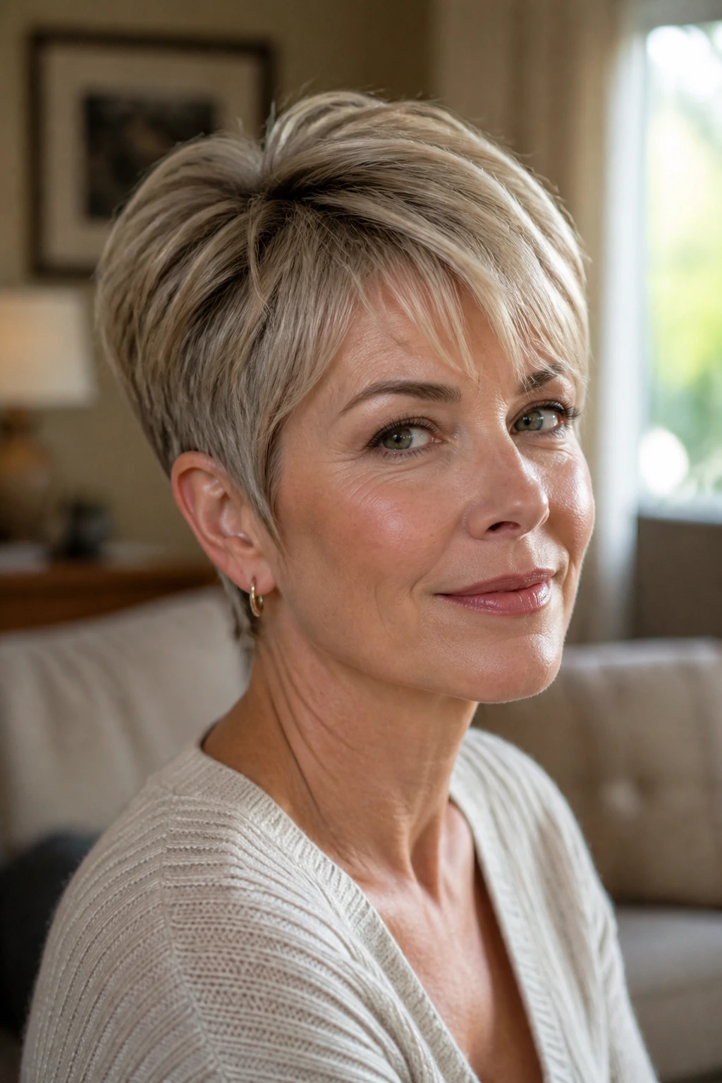 Close-up portrait of a woman with a short, chic hairstyle showing lift at the crown