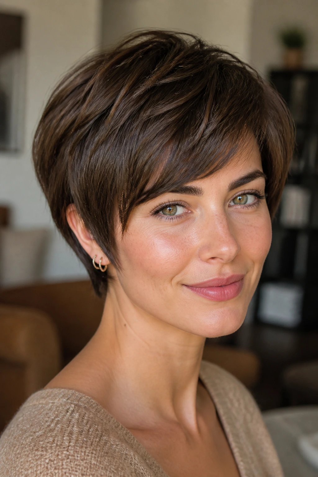 Close-up portrait of a real woman with a chic short haircut.