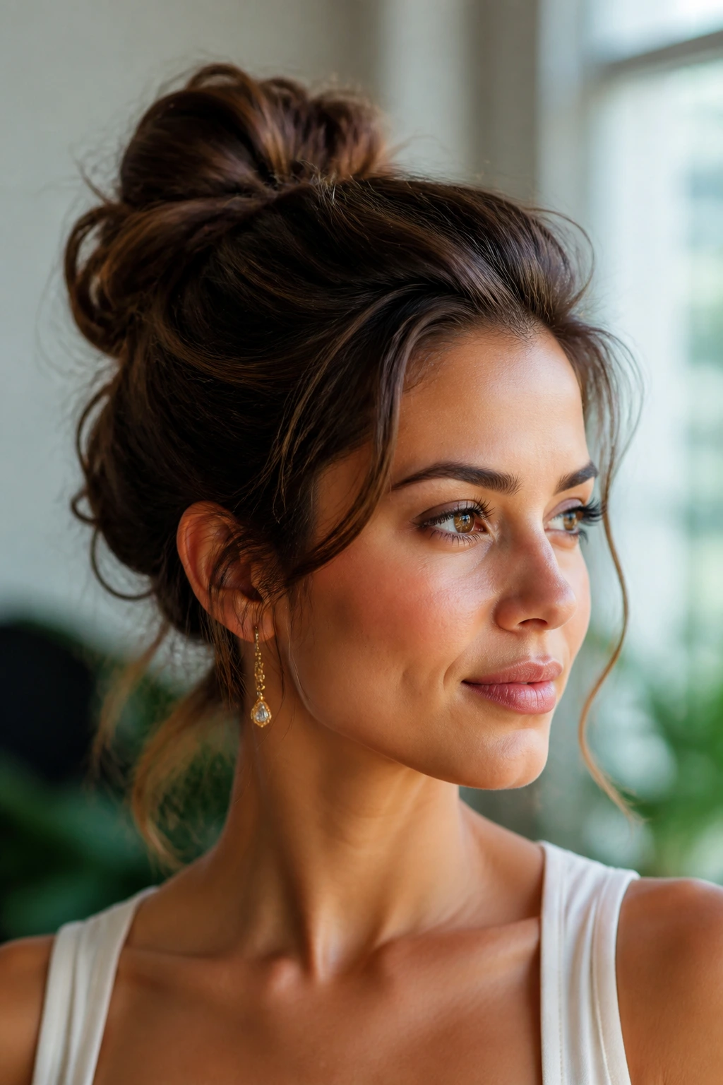 Close-up portrait of a real woman with varied hair textures to symbolize different updo options