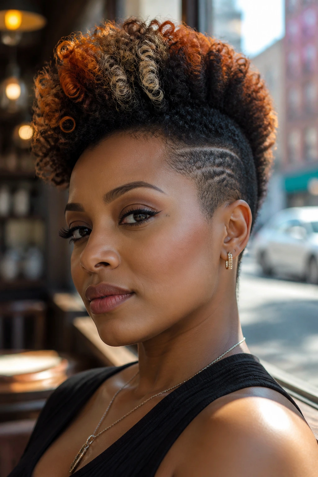 Close-up portrait of a real woman with a copper-accented center mohawk and honey-blonde highlights in natural window light