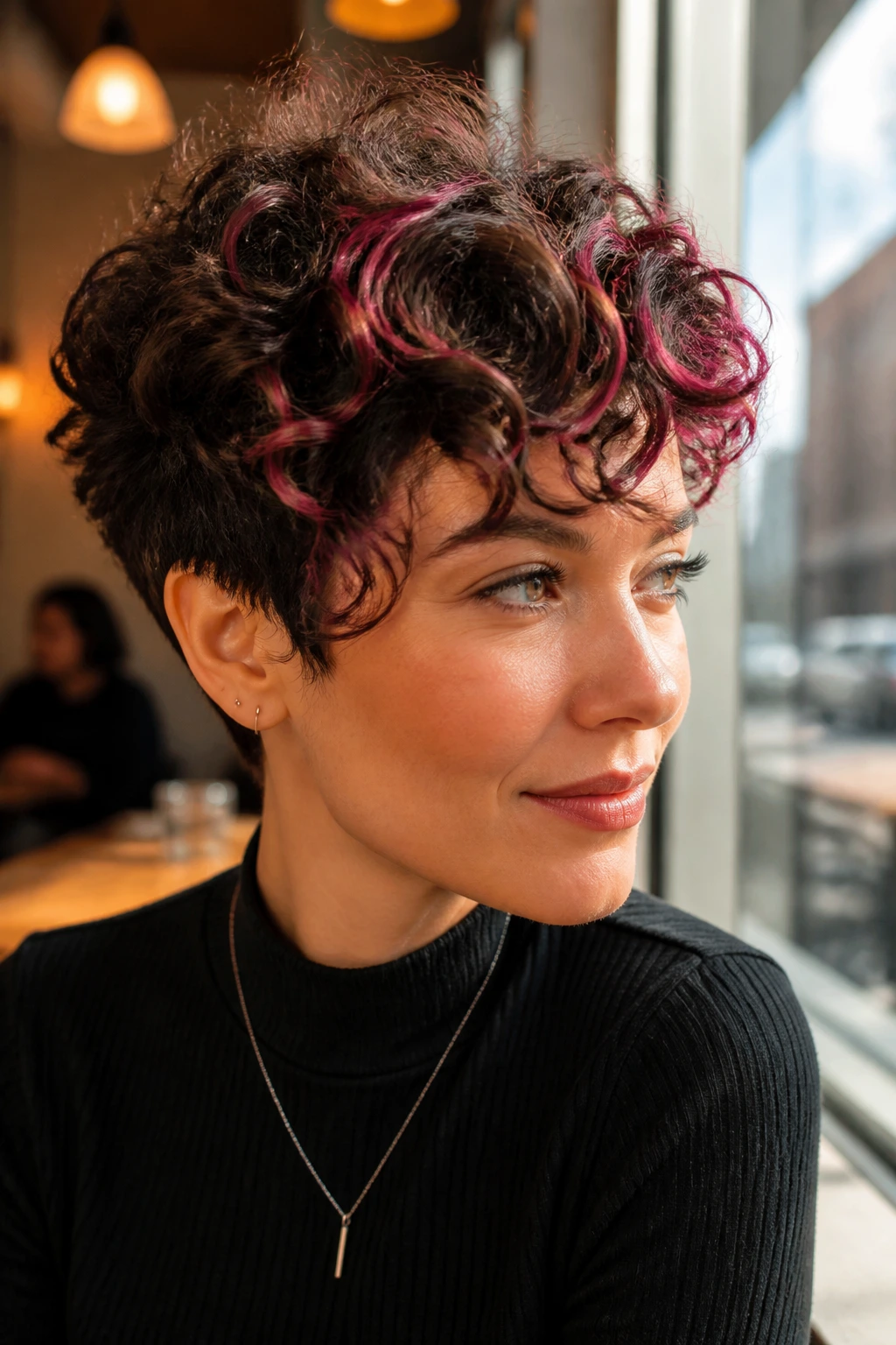 Real person with color- accented curly pixie in sunlit cafe