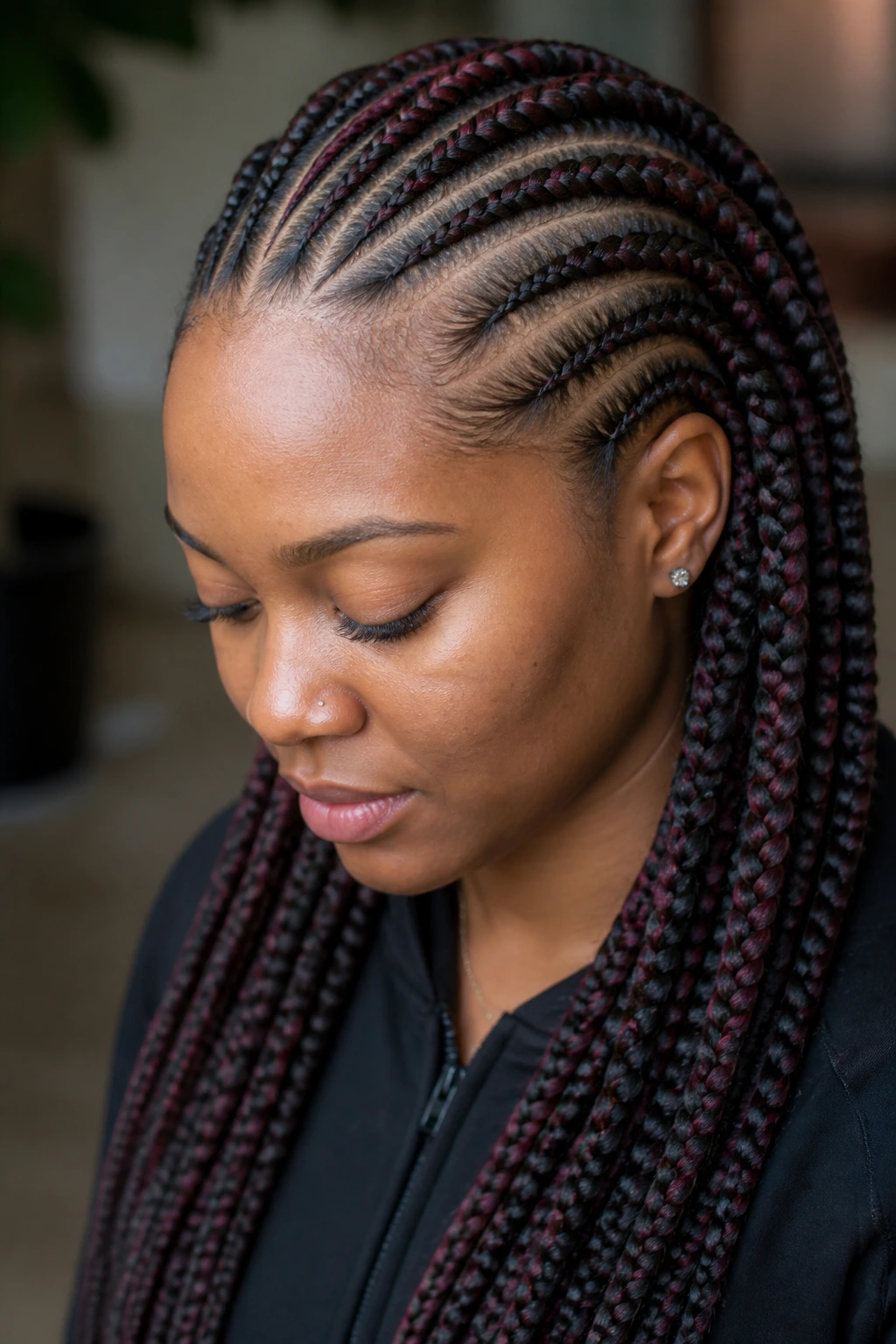 Real person with feed-in braids featuring subtle color accents woven through
