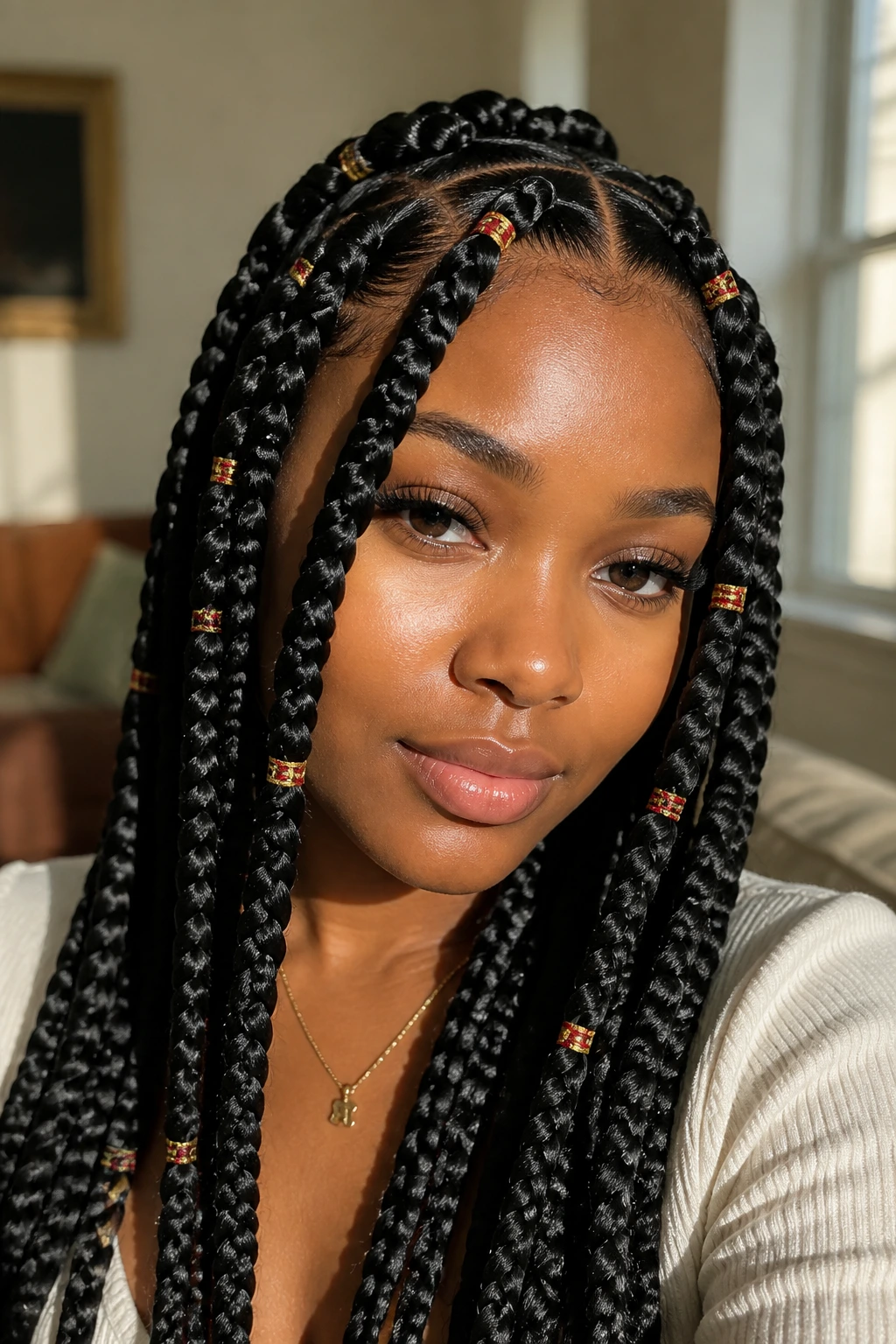 Close-up of a real woman with jumbo box braids and rubber bands at roots