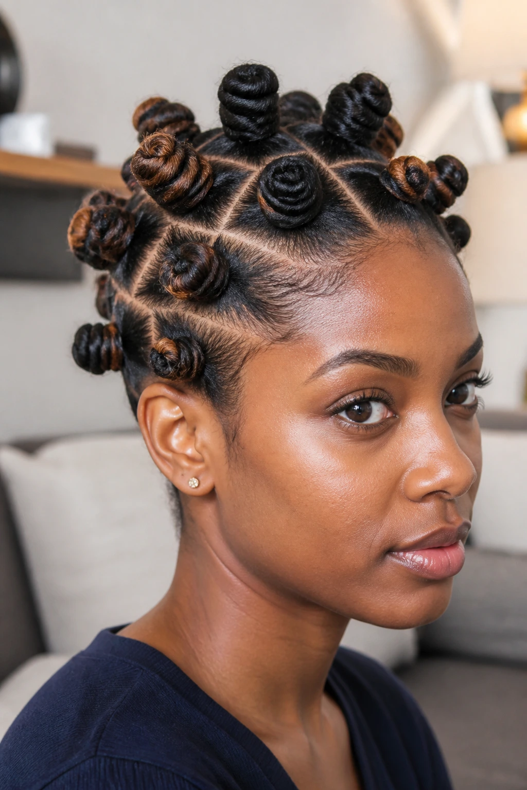 Close-up portrait of a real person with color blended extension Bantu knots