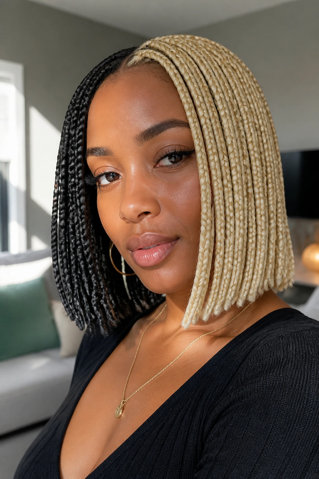 Color-blocked bob box braids on a real woman in a bright living room
