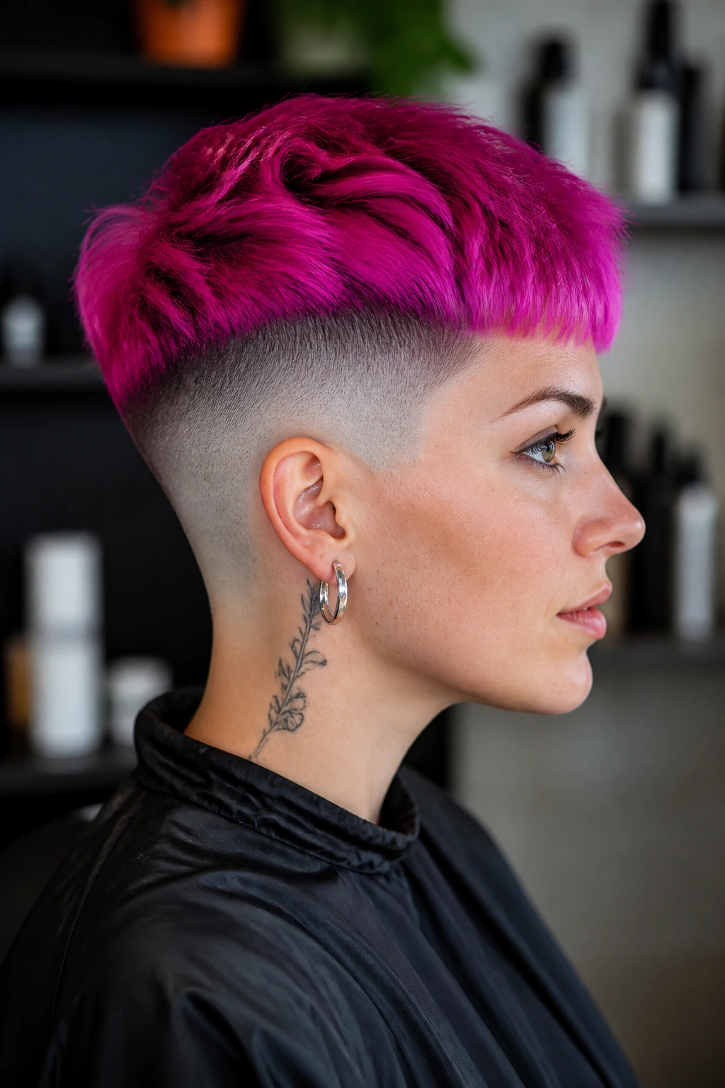 Person with color-blocked fade and bright top in a salon