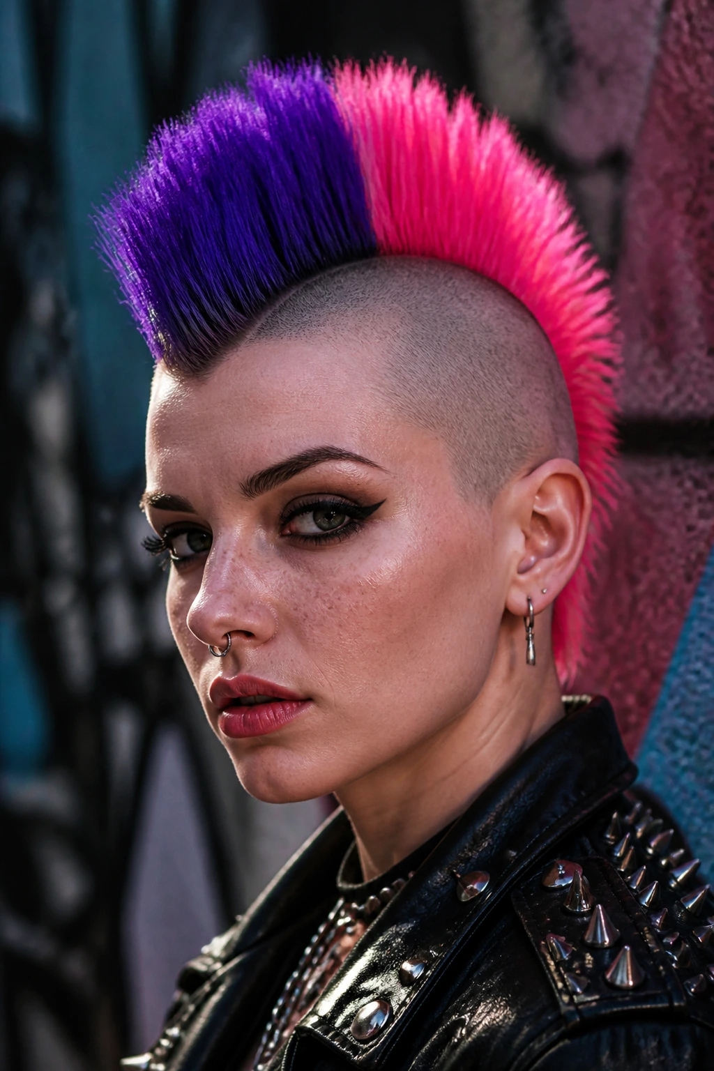 Portrait of a real person with a color-block mohawk and vivid color panels
