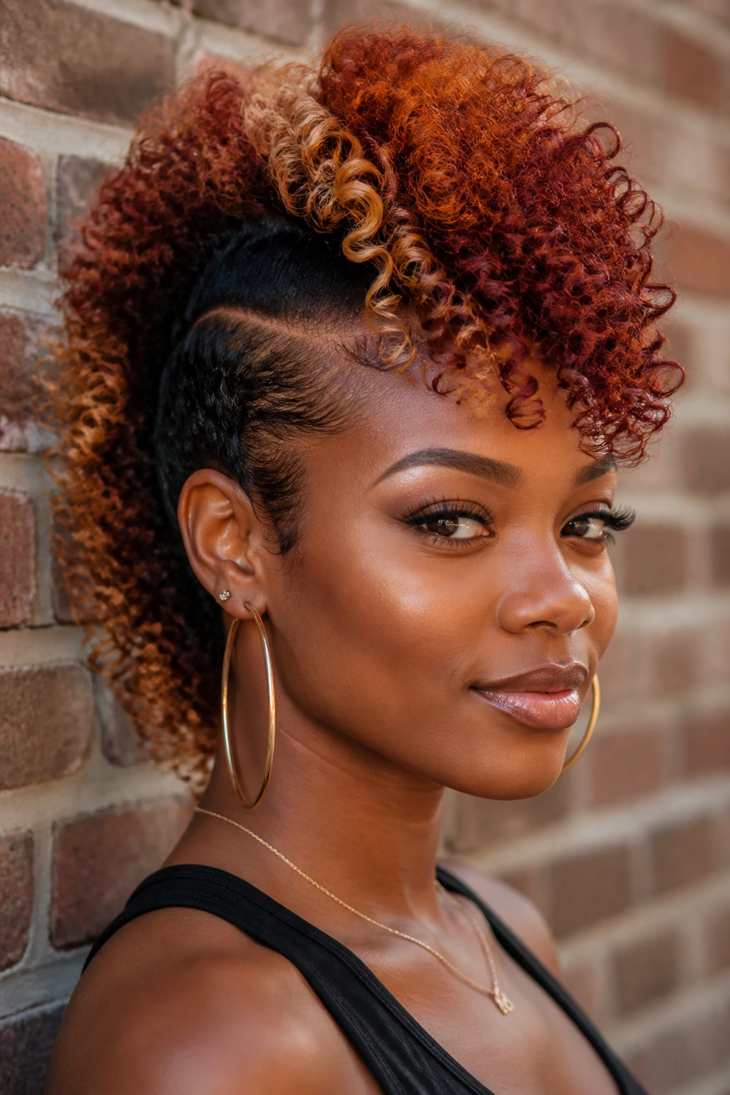 Close-up of a real woman with a color-block curly mohawk featuring auburn ridge and caramel ends