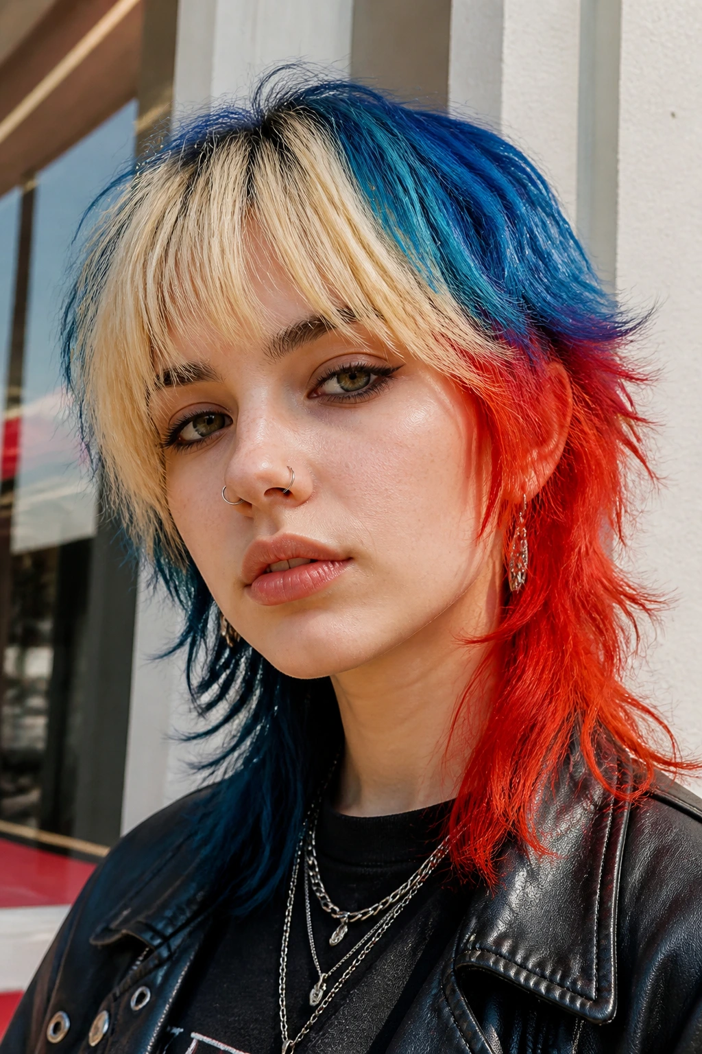 Close-up portrait of a person with vivid color block shag hair