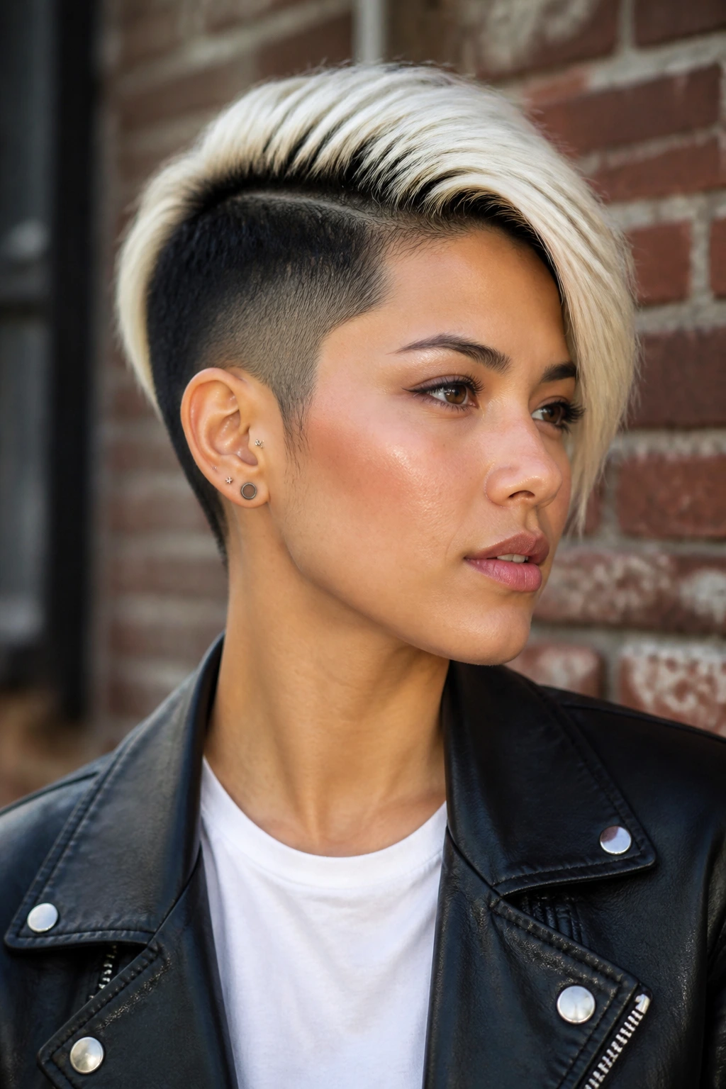 Close-up of a real person with color-block side fade and contrasting hair colors.
