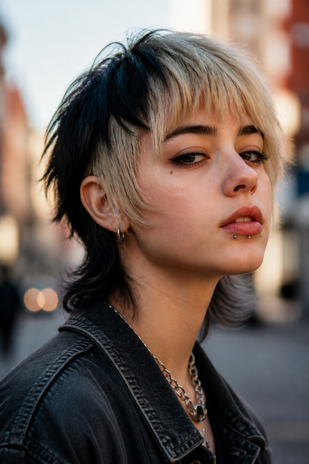Close-up of a real person with color block wolf mullet hairstyle