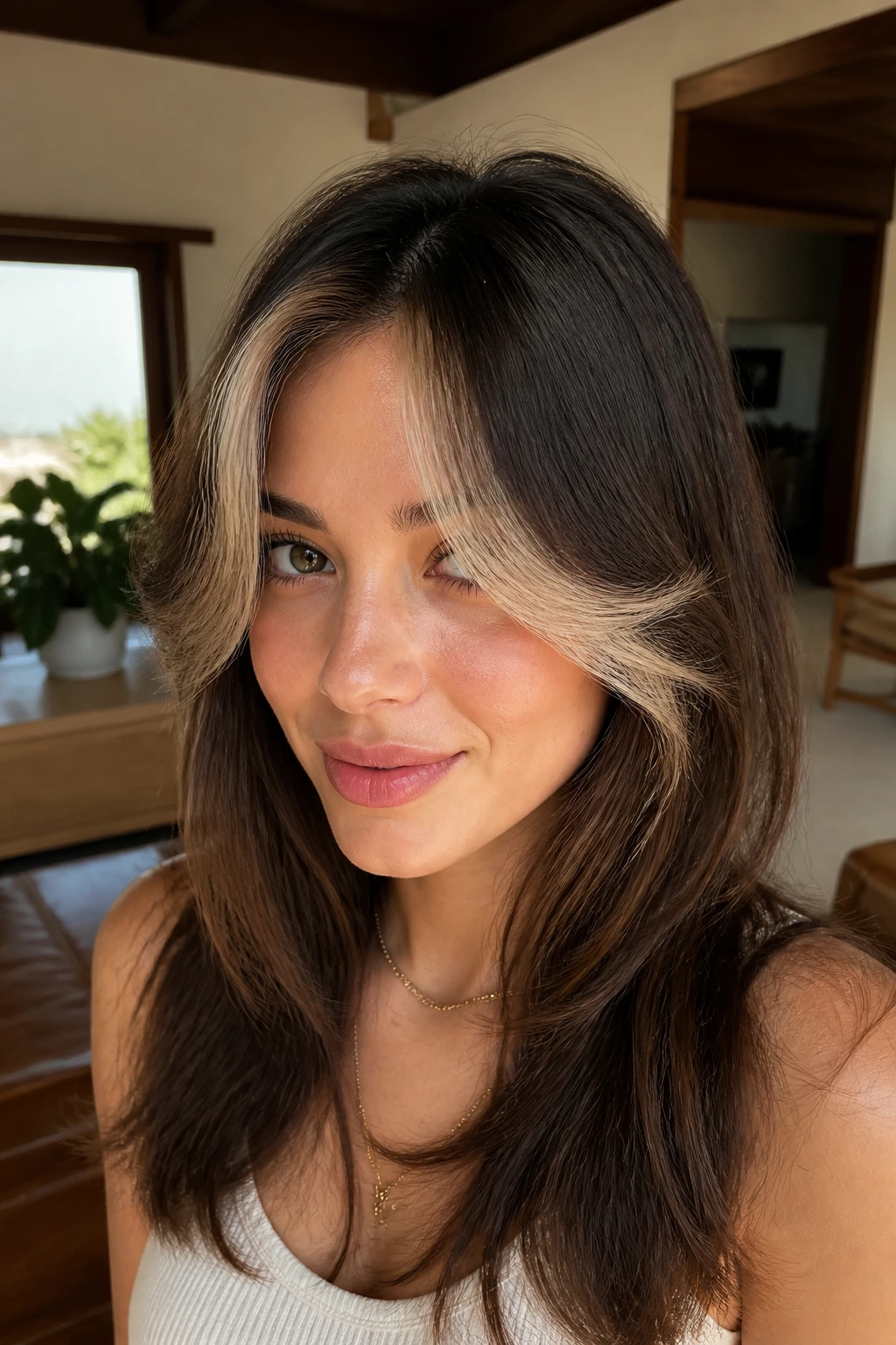 Close-up of color-blocked curtain bangs on a real person with subtle two-tone highlights.