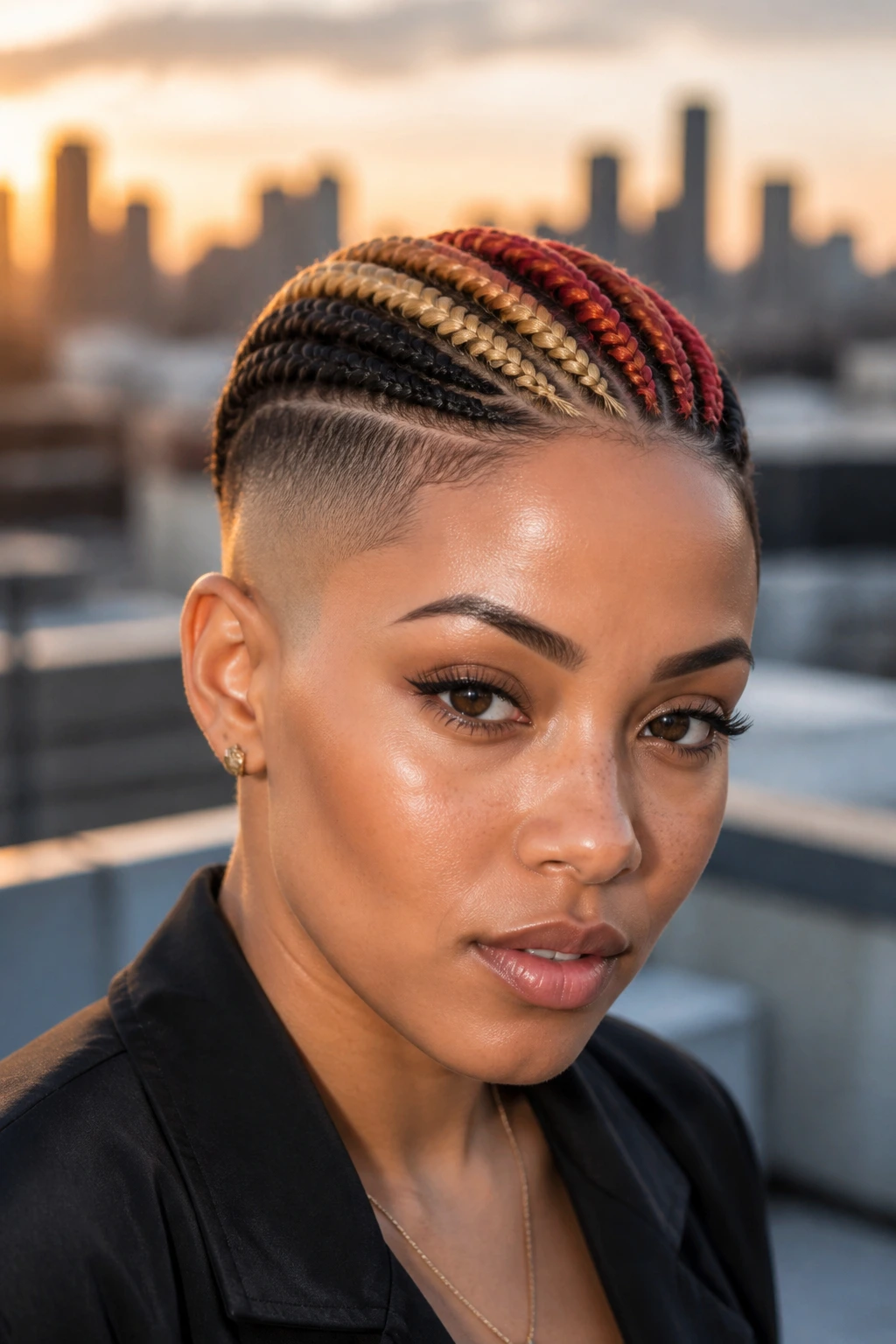 Close-up of color-blocked braids with a clean fade on the sides