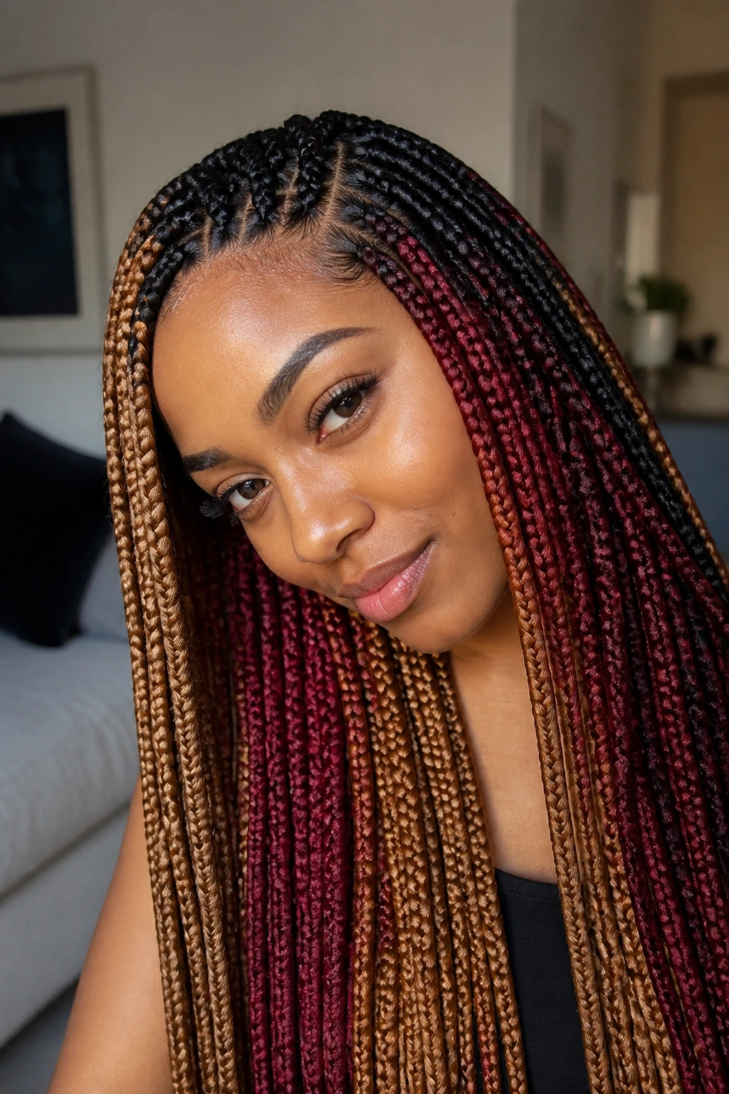 Close-up portrait of a real woman wearing color-blocked box braids with bold color blocks in a warm indoor setting