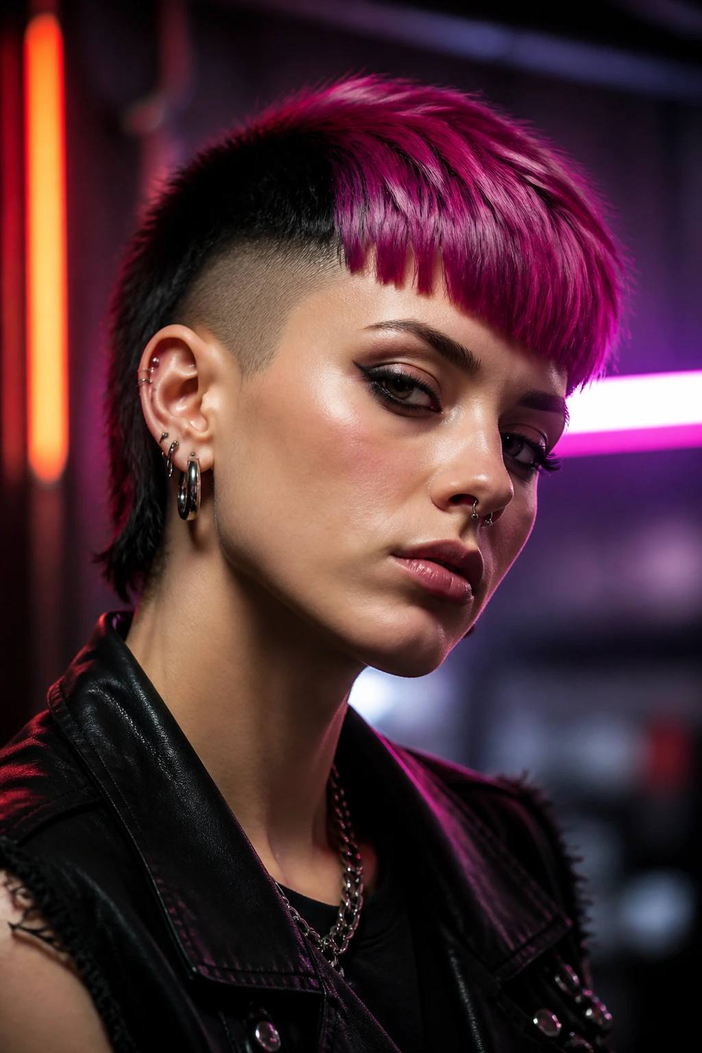 Close-up portrait of a real person with magenta magenta fringe on a color-blocked Chelsea cut in a neon-lit setting