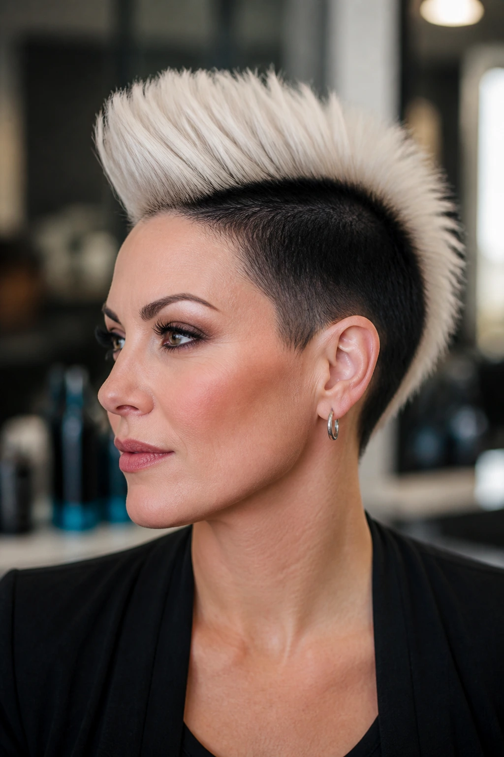 Close-up of a real person with a color-blocked mohawk