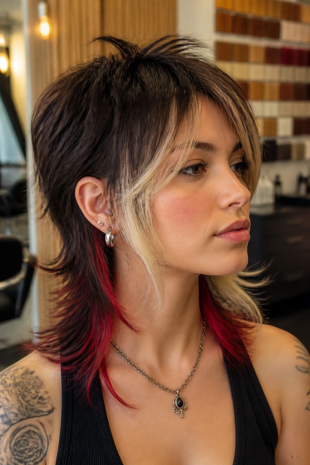 Real woman with color-blocked mullet showing color contrast