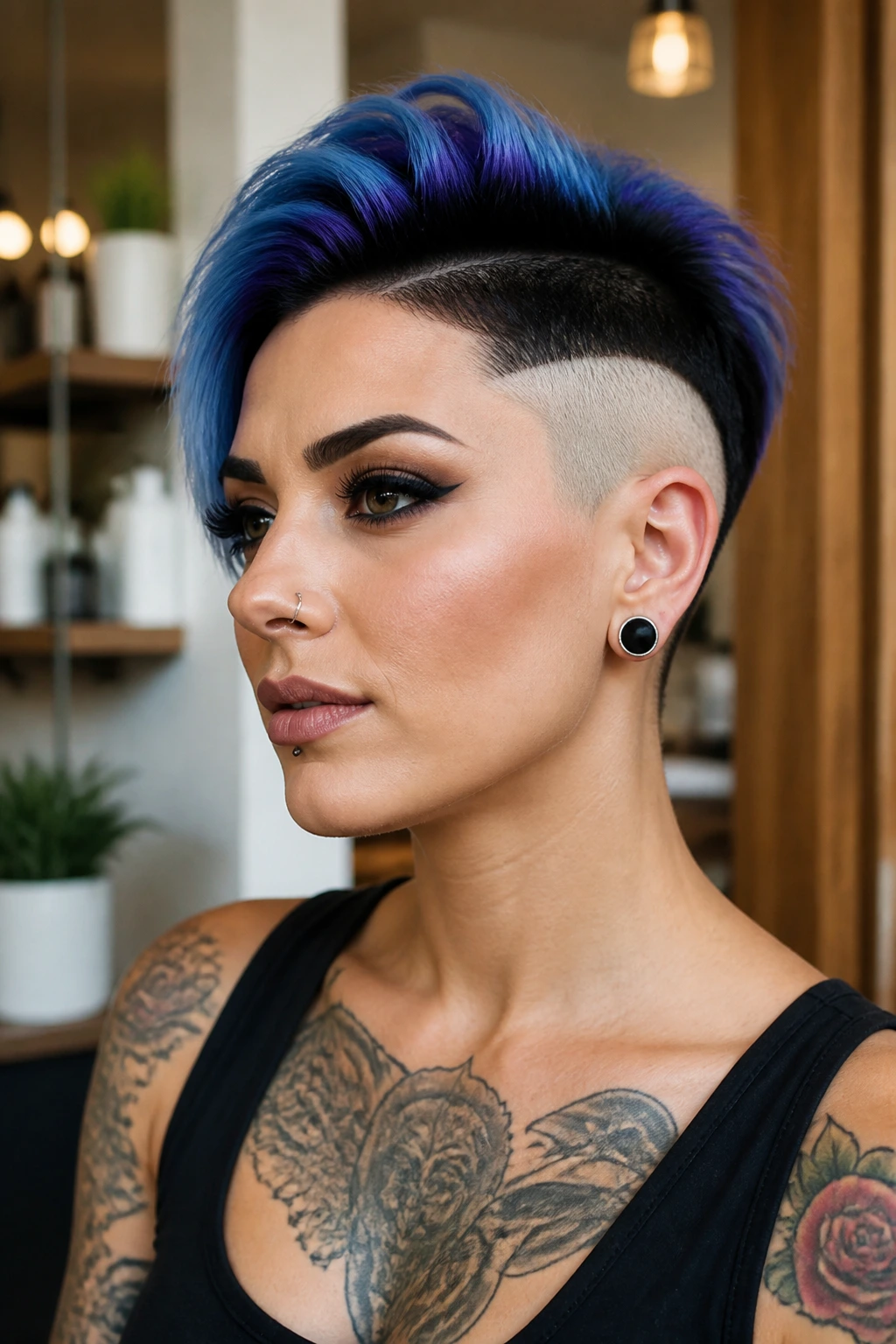 Portrait of a person with color-blocked undercut in a modern salon