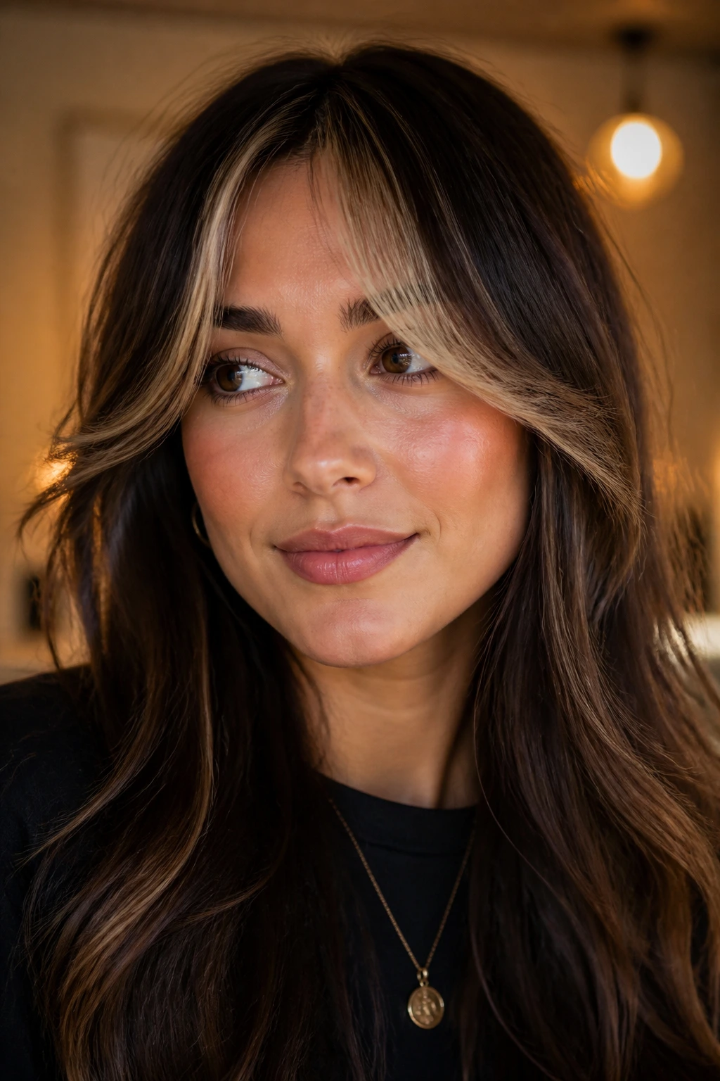 Close-up of a real person with color-boost fringe highlights around the face