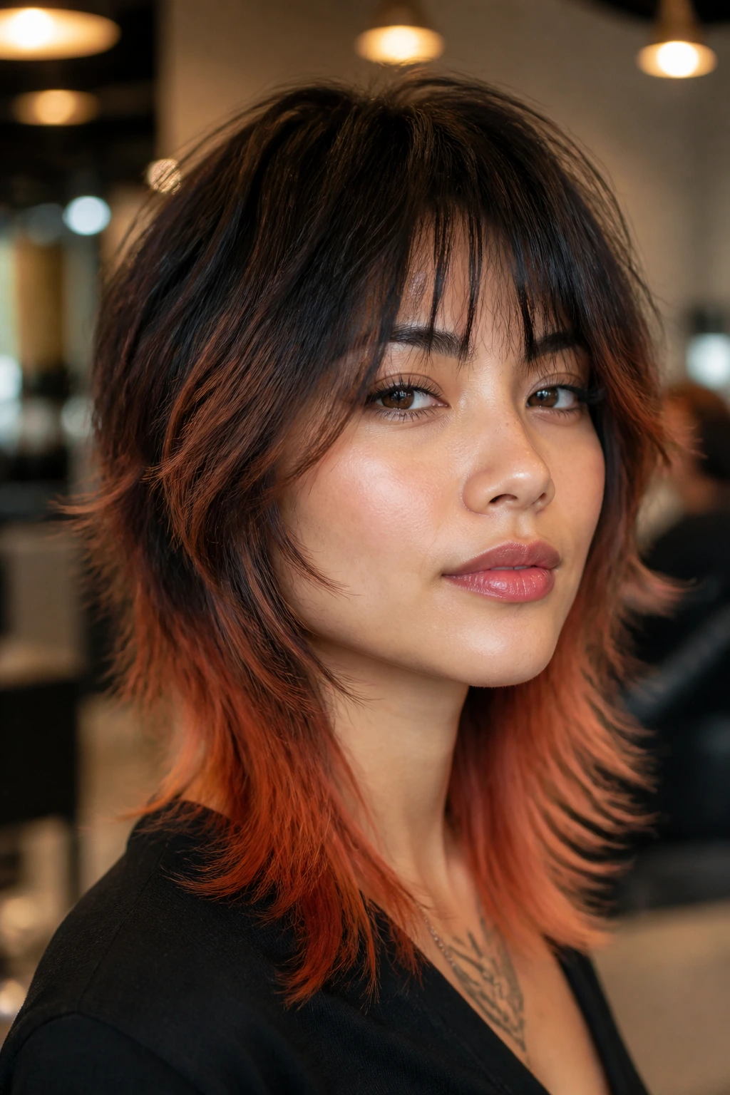 Close-up of a real person with Color-Boosted Wolf Cut showing copper-tinted ends in a salon