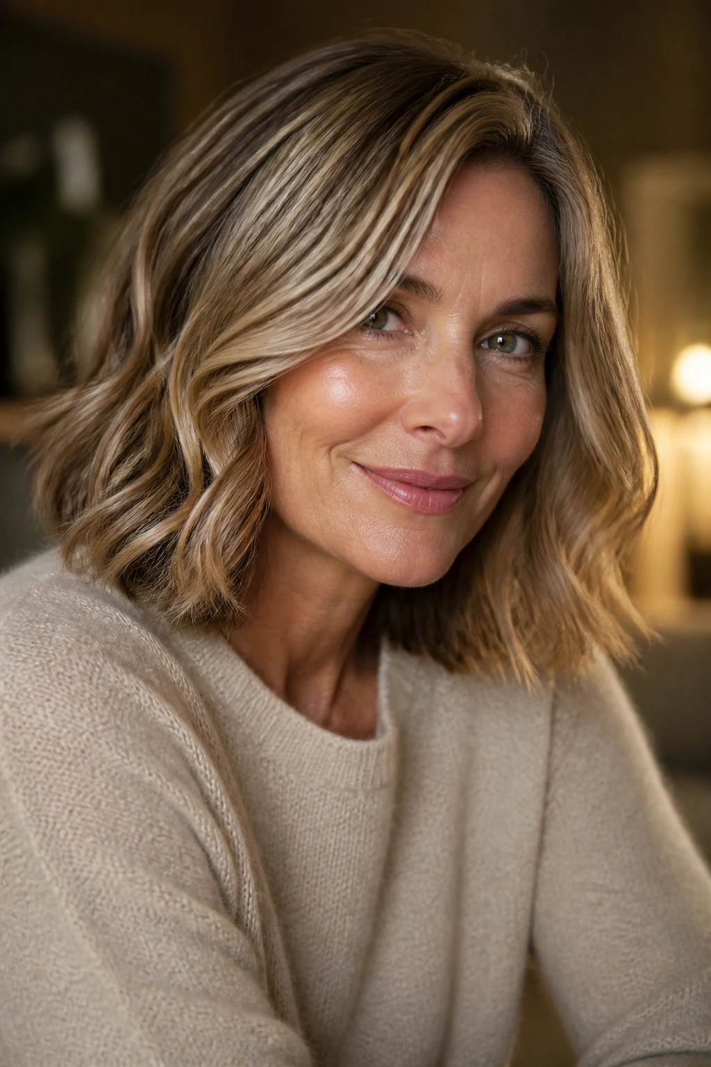 Close-up of a real woman's glossy mid-length hair under warm indoor lighting