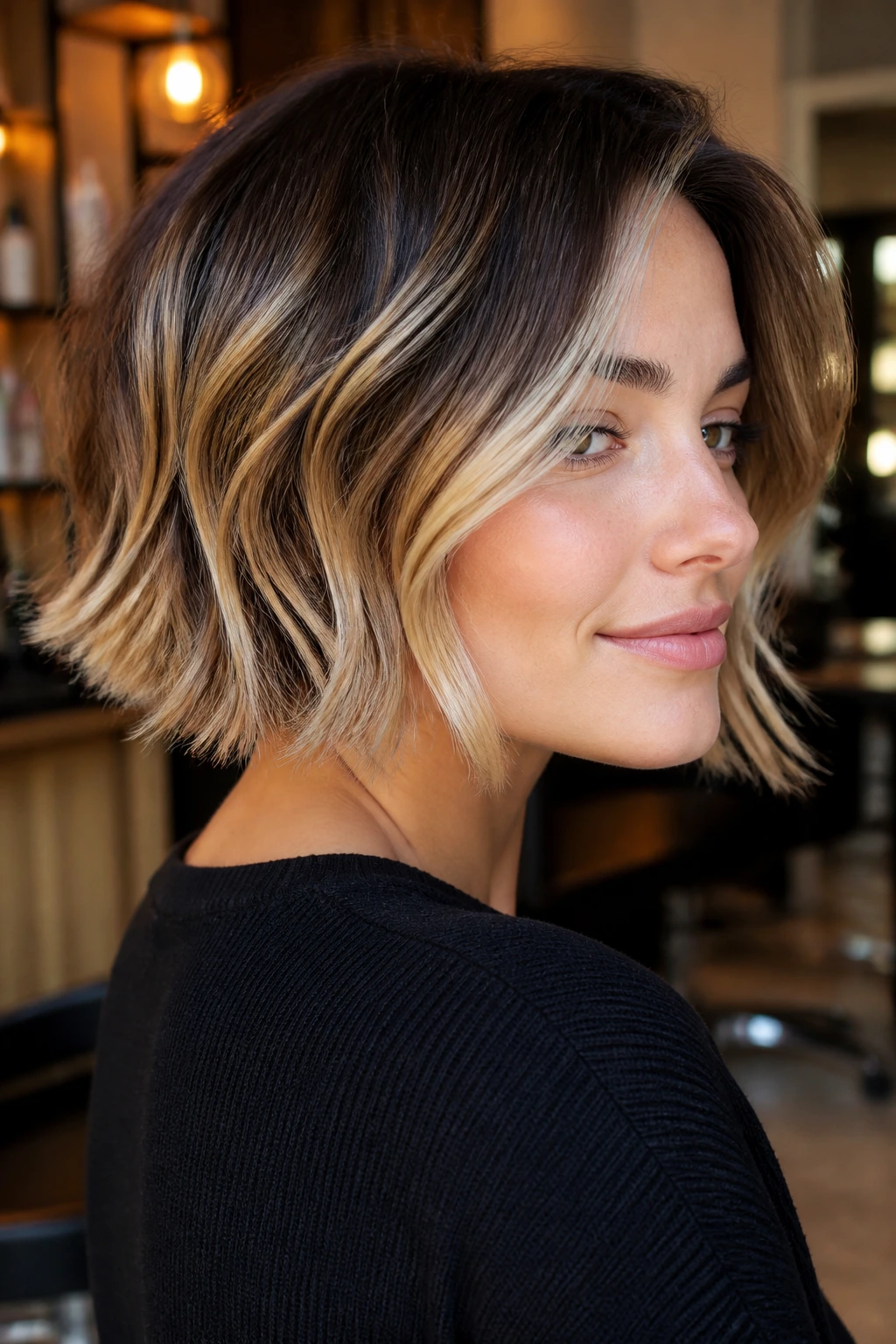 Close-up of a real person with glossy beige-toned ombre ends on short hair in a salon.