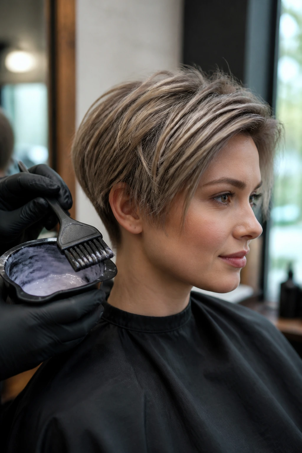 Portrait of a person with short hair as a stylist prepares color with a bowl and brush.
